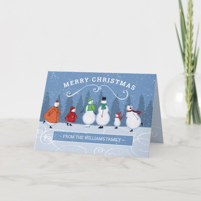 Cartes Pour Fêtes Annuelles Noël Patinage d'hiver Snowman Nom de famille (Devant)