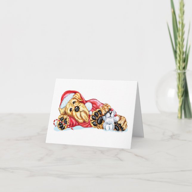 Cartes Pour Fêtes Annuelles Noël Père Noël de attente d'Airedale Terrier (Devant)