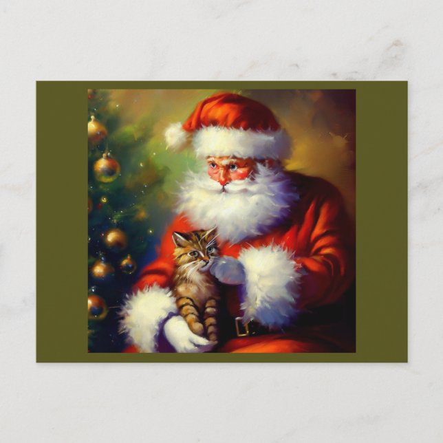 Cartes Pour Fêtes Annuelles Noël Père Noël et un chat 1 (Devant)