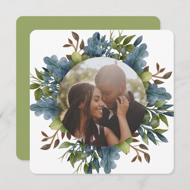 Cartes Pour Fêtes Annuelles Noël Personnalisé Bleu Vert Feuilles Photo Hol (Devant / Derrière)