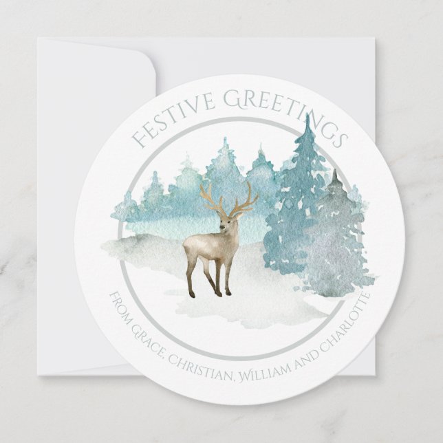 Cartes Pour Fêtes Annuelles Noël Personnalisé Bois d'hiver Cerf (Devant)