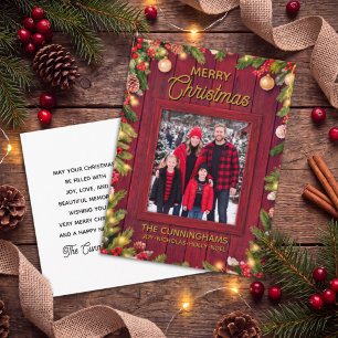 Cartes Pour Fêtes Annuelles Noël Photo personnalisé en bois de grange Rouge Ru