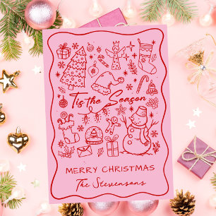 Cartes Pour Fêtes Annuelles Noël Photo Pliée Rose avec Dessin Main Rouge Amusa