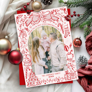 Cartes Pour Fêtes Annuelles Noël Photo Rose et Rouge de l'Arche Main Dessinée 