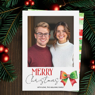 Cartes Pour Fêtes Annuelles Noël photo rouge et verte ruban et rayures