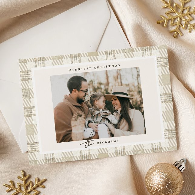 Cartes Pour Fêtes Annuelles Noël Photo Soft Beige Gingham (Créateur téléchargé)