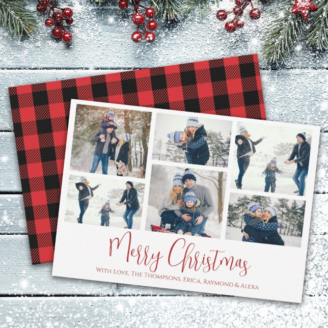 Cartes Pour Fêtes Annuelles Noël Plaid Buffle Multi 6 Photo (Merry Christmas red and black buffalo check multi-photo greeting card. )