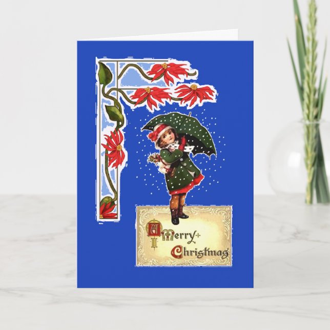 Cartes Pour Fêtes Annuelles Noël, Poinsettias, Fille avec parapluie, Neige (Devant)