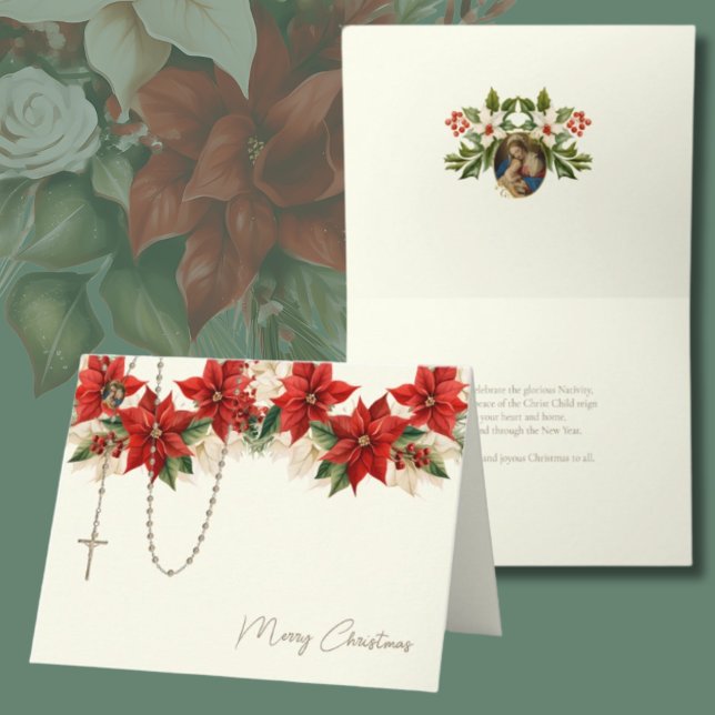 Cartes Pour Fêtes Annuelles Noël Poinsettias Rosaire Vierge Marie Jésus (Créateur téléchargé)