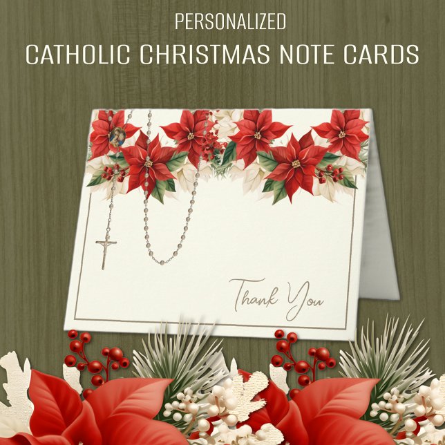 Cartes Pour Fêtes Annuelles Noël Poinsettias Rosaire Vierge Marie Jésus (Catholic Christmas Thank You Notecards with the Rosary and the Blessed Mother and Jesus inside. )