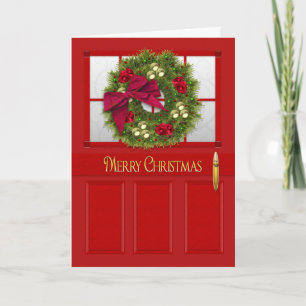 Cartes Pour Fêtes Annuelles Noël - Porte d'entrée rouge avec couronne décorée