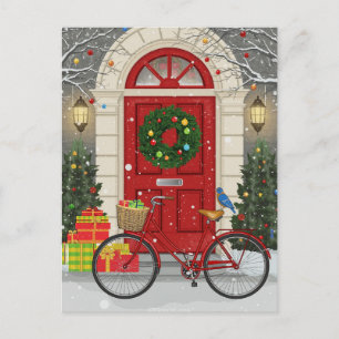 Cartes Pour Fêtes Annuelles Noël Porte rouge Vélos Vacances Scène cadeaux