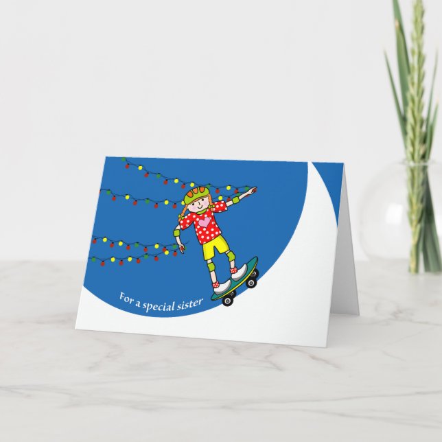 Cartes Pour Fêtes Annuelles Noël pour Soeur, Fille Skateboarder & Lumières (Devant)