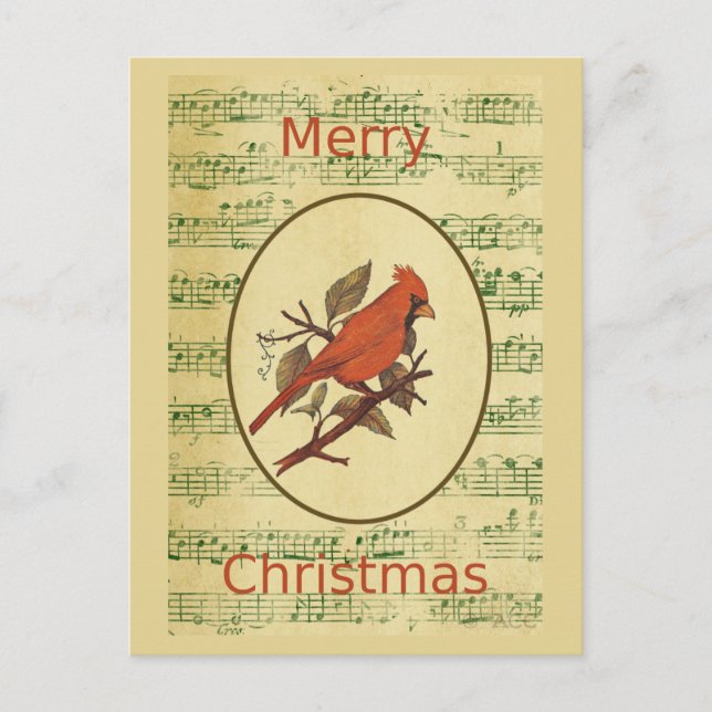 Cartes Pour Fêtes Annuelles Noël Red Bird Cardinal Green Music (Devant)