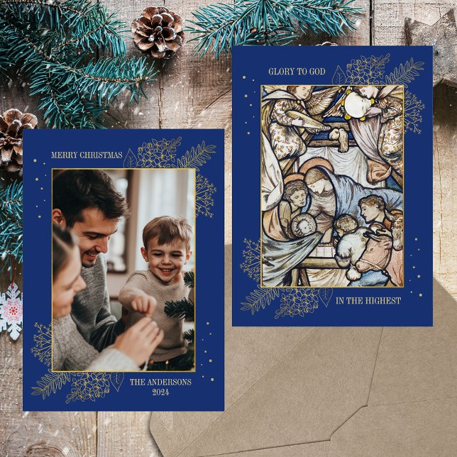 Cartes Pour Fêtes Annuelles Noël Religieux Catholique Bleu Photo (Christmas Nativity Religious Christian Catholic Elegant Modern Blue Custom Photo Holiday Card)