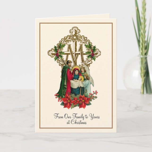 Cartes Pour Fêtes Annuelles Noël religieux Vierge Marie Jésus Poinsettias (Devant)