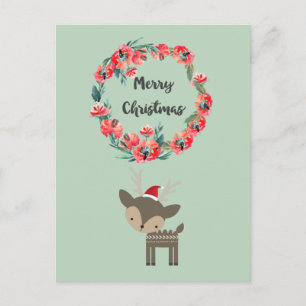 Cartes Pour Fêtes Annuelles Noël rétro Cerf Rouge Floral Wreath Noël