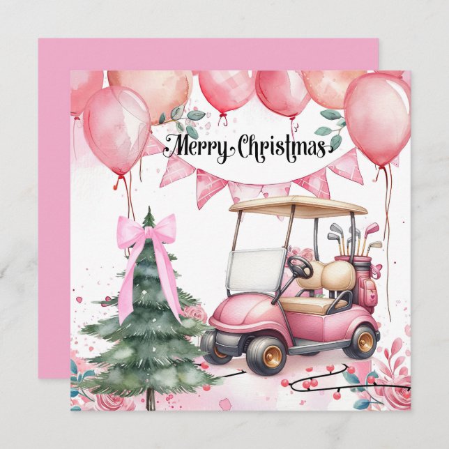 Cartes Pour Fêtes Annuelles Noël rose avec voiturette de golf pour golfeur    (Devant / Derrière)
