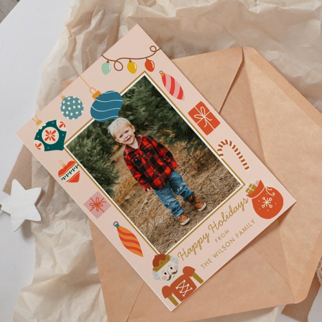 Cartes Pour Fêtes Annuelles Noël rose Ornement mignonne Photo de famille (Créateur téléchargé)