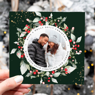 Cartes Pour Fêtes Annuelles Noël Rouge Berry Wreath Floral Photo Carré