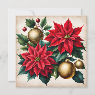 Cartes Pour Fêtes Annuelles Noël Rouge Poinsettie et Ornements d'or