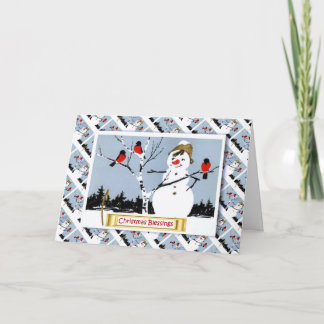 Cartes Pour Fêtes Annuelles Noël russe vintage, bonhomme de neige et merles