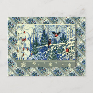 Cartes Pour Fêtes Annuelles Noël russe vintage, Robins dans la forêt