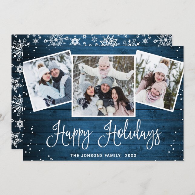 Cartes Pour Fêtes Annuelles Noël Rustic Blue Wood 3 PHOTO Salutation (Devant / Derrière)