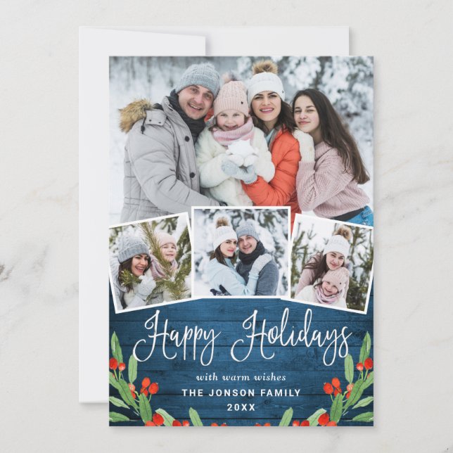 Cartes Pour Fêtes Annuelles Noël Rustic Blue Wood 4 PHOTO Salutation (Devant)