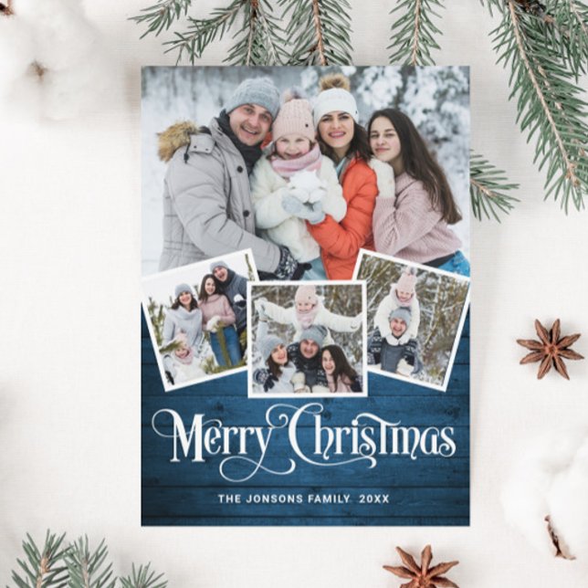 Cartes Pour Fêtes Annuelles Noël Rustic Blue Wood 4 PHOTO Salutation (Créateur téléchargé)