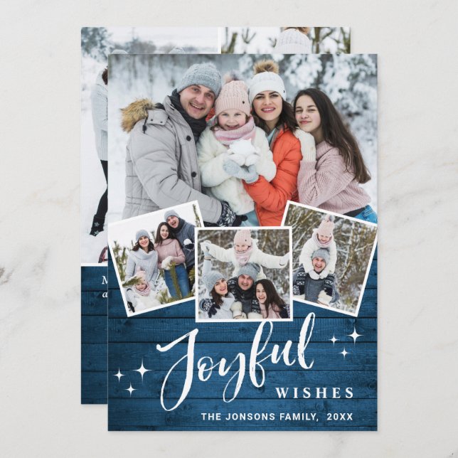 Cartes Pour Fêtes Annuelles Noël Rustic Blue Wood 7 PHOTO Salutation (Devant / Derrière)