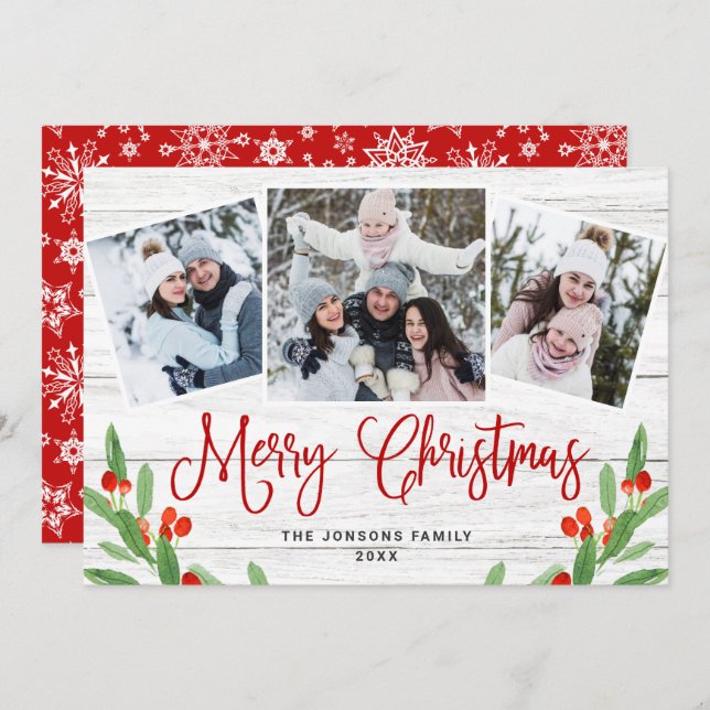 Cartes Pour Fêtes Annuelles Noël Rustic White Wood 3 PHOTO Salutation (Devant / Derrière)