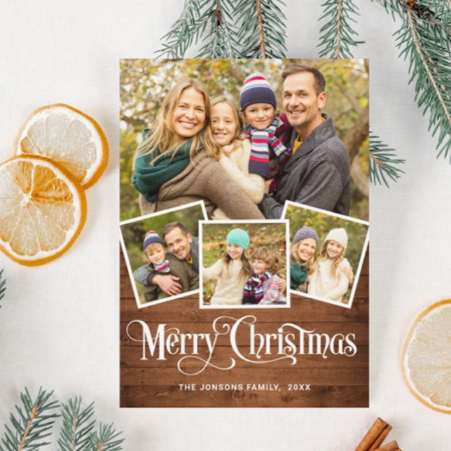 Cartes Pour Fêtes Annuelles Noël Rustic Wood 4 PHOTO Salutation (Créateur téléchargé)