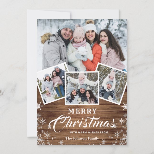 Cartes Pour Fêtes Annuelles Noël Rustic Wood 4 PHOTO Salutation QR code (Devant)