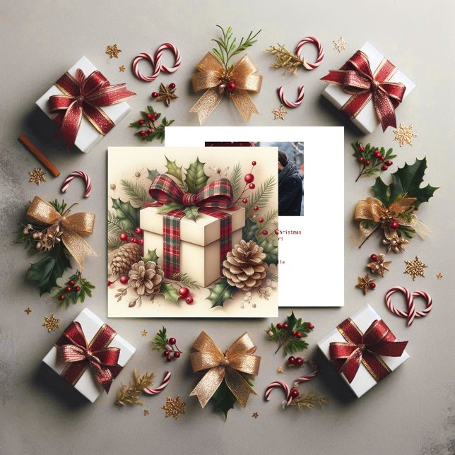 Cartes Pour Fêtes Annuelles Noël rustique Coquette Carreau Ruban Houx Cône de  (Créateur téléchargé)