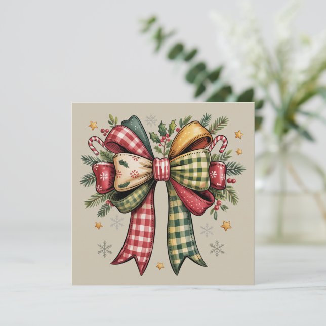 Cartes Pour Fêtes Annuelles Noël rustique en patchwork Bow Cozy Fêtes (Debout devant)
