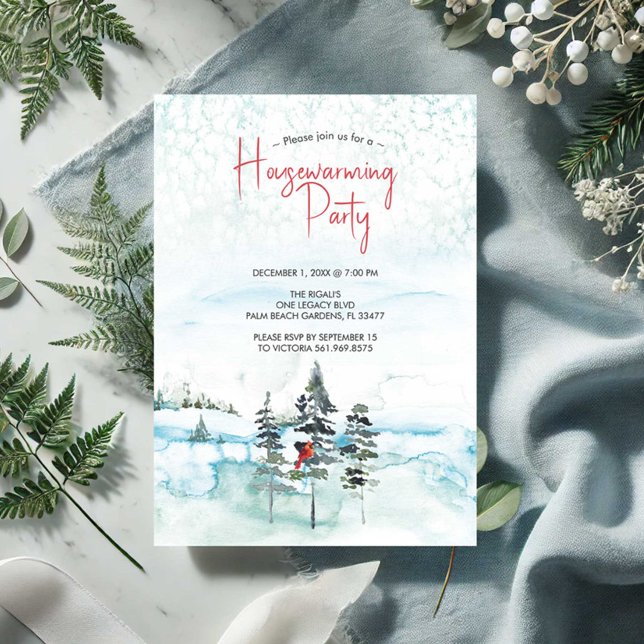 Cartes Pour Fêtes Annuelles Noël rustique Fête de réchauffement ménager Invita (Housewarming party invitations rustic winter watercolor scene by Victoria Grigaliunas)