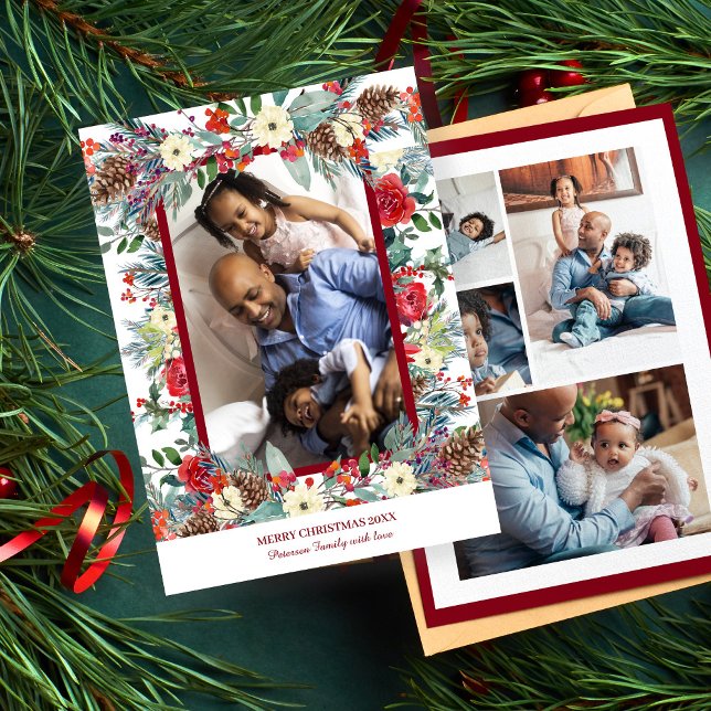 Cartes Pour Fêtes Annuelles Noël rustique floral 5 photo collage bordeaux (Créateur téléchargé)