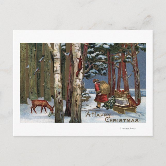 Cartes Pour Fêtes Annuelles Noël SalutationPère Noël à travers la forêt (Devant)