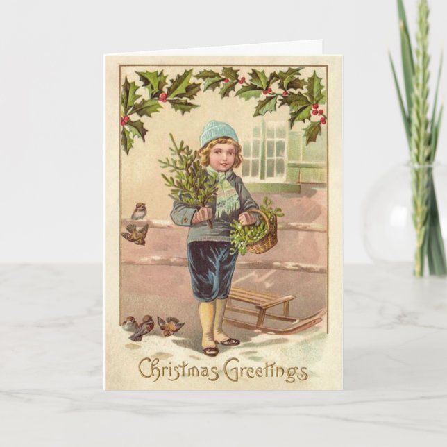 Cartes Pour Fêtes Annuelles Noël Salutations Victorian Boy Old World (Devant)