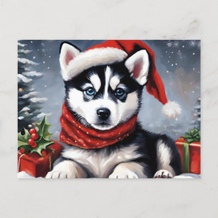 Cartes Pour Fêtes Annuelles Noël Sibérien Husky Chiot portant le chapeau du Pè
