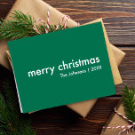 Cartes Pour Fêtes Annuelles Noël simple | Vert moderne minimaliste élégant<br><div class="desc">Simple, stylish "merry christmas quote greeting card with typographiy in white on rich green background in a minimalist scandi scandinavian design style. The card can be easily personalized with your oour holiday greeting, family name and year to make a truly bespoke christmas holiday card for the solive season! The inside...</div>