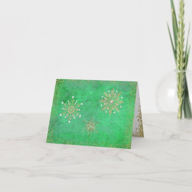 Cartes Pour Fêtes Annuelles Noël Snowflakes Vert & Or (Devant)