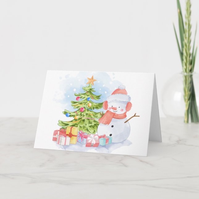 Cartes Pour Fêtes Annuelles Noël Snowman et Arbre à main mignonne (Devant)