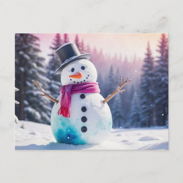 Cartes Pour Fêtes Annuelles Noël Snowman et forêt d'hiver (Devant)