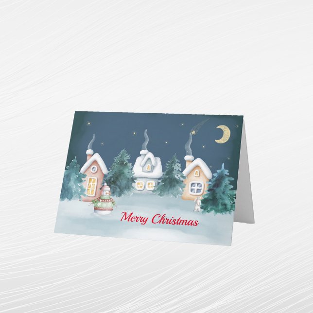 Cartes Pour Fêtes Annuelles Noël Snowman Maisons Lapin Arbres Aquarelle (Créateur téléchargé)