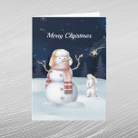 Cartes Pour Fêtes Annuelles Noël Snowman Rabat Star Aquarelle Nuit<br><div class="desc">Un bonhomme de neige et un lapin.</div>