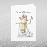Cartes Pour Fêtes Annuelles Noël Snowman Rabbit Casquette Aquarelle<br><div class="desc">Un bonhomme de neige dans un casquette dissimulé tenant un oiseau avec deux lapins.</div>