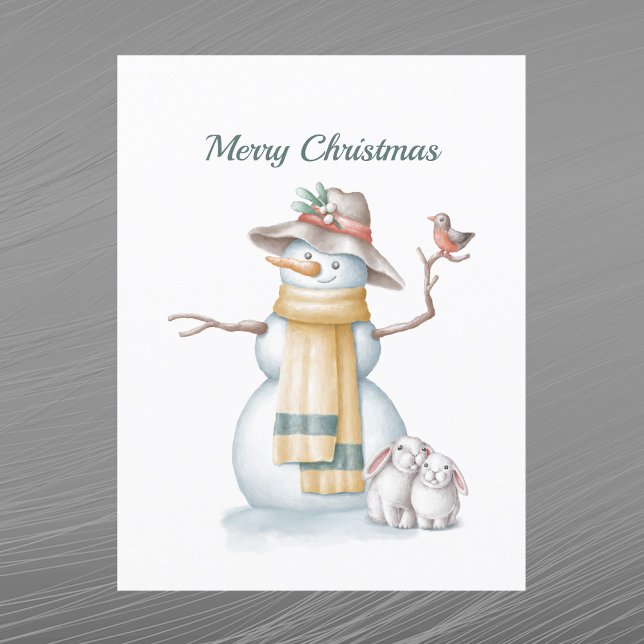 Cartes Pour Fêtes Annuelles Noël Snowman Rabbit Casquette Aquarelle (Créateur téléchargé)