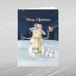 Cartes Pour Fêtes Annuelles Noël Snowman Rabbit Oiseau Casquette Nuit d'aquare<br><div class="desc">Un bonhomme de neige dans un casquette dissimulé tenant un oiseau avec deux lapins.</div>